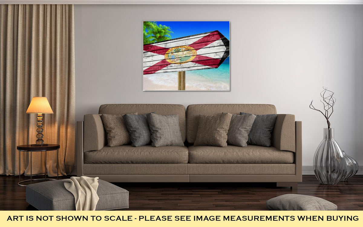 Gallery Wrapped Canvas, Florida Flag Wooden Sign On Beach - ultrawallart.com