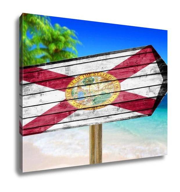 Gallery Wrapped Canvas, Florida Flag Wooden Sign On Beach - ultrawallart.com