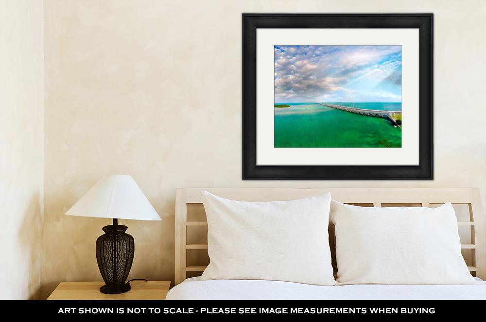 Framed Print, Florida Keys Bridge Beautiful Sunset Aerial View - ultrawallart.com