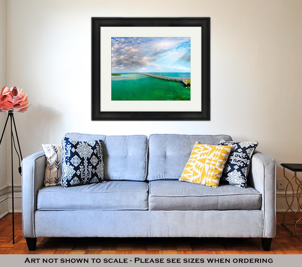 Framed Print, Florida Keys Bridge Beautiful Sunset Aerial View - ultrawallart.com