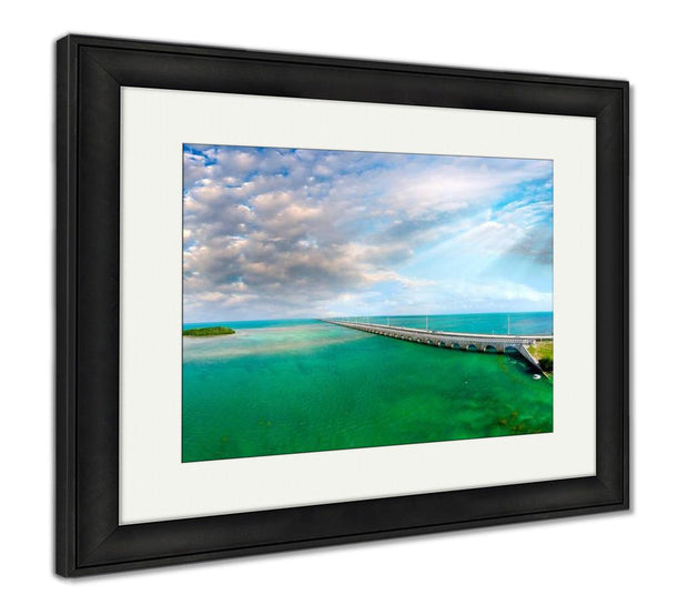 Framed Print, Florida Keys Bridge Beautiful Sunset Aerial View - ultrawallart.com